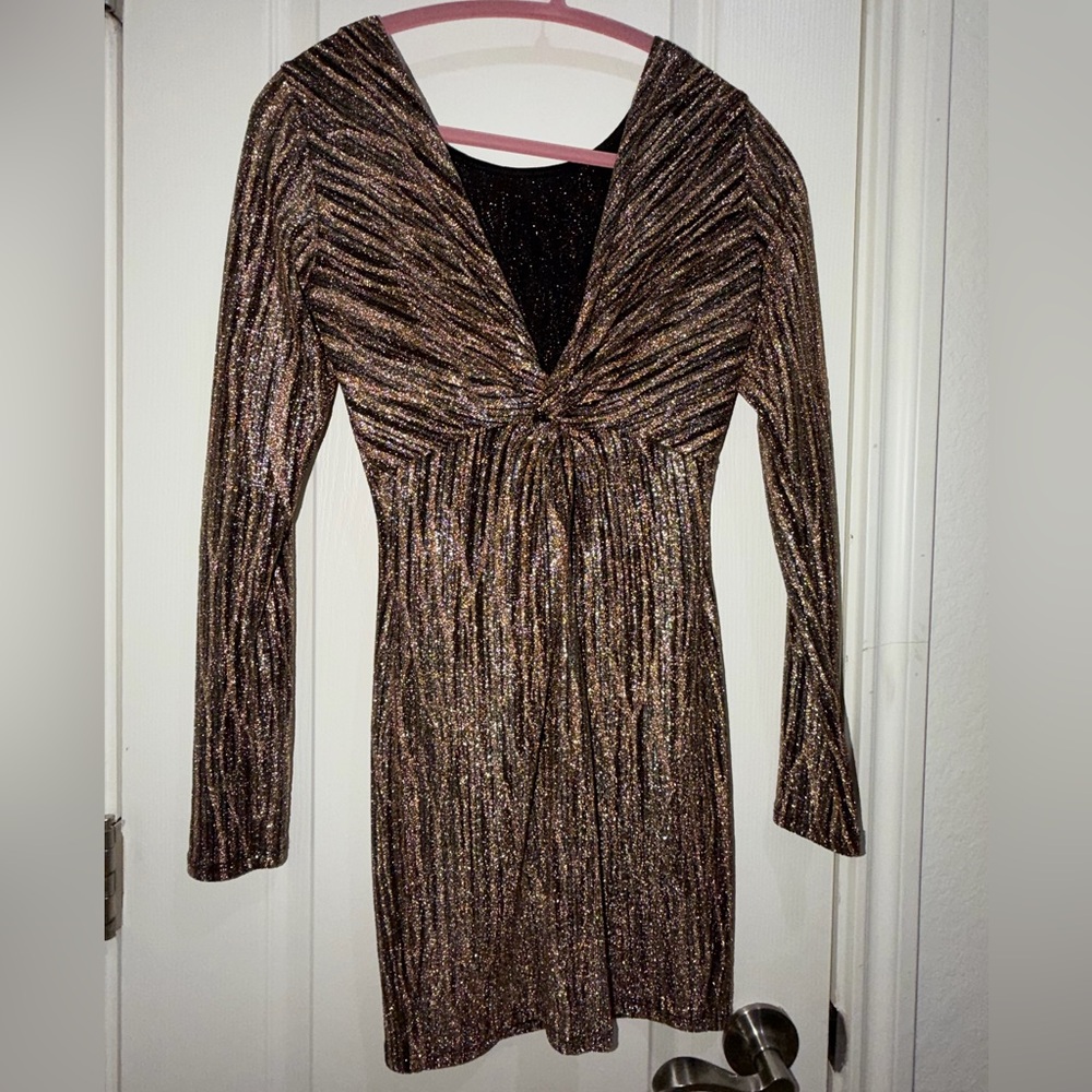 Bluebelle Bronze Metallic Long Sleeve Twist-Front Dress